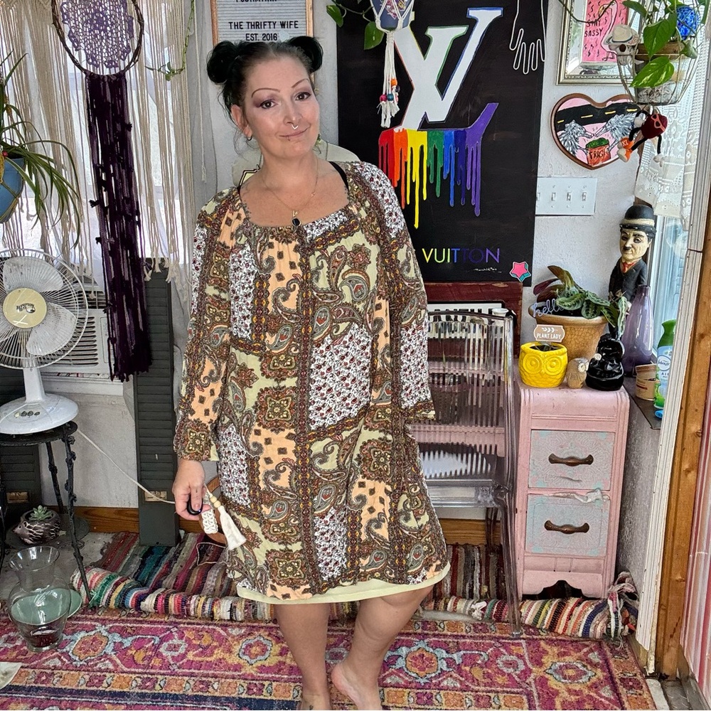 Dress Barn Patchwork Paisley Midi Dress in Taupe & Olive Size 18/20